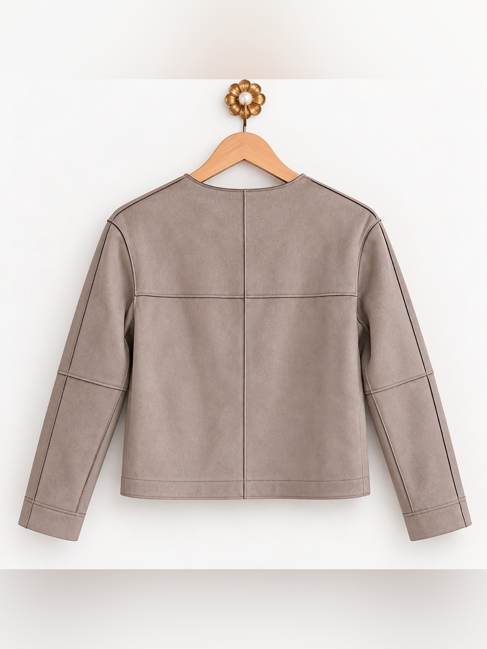 Zara Taupe Faux-Suede Collarless Snap-Front Jacket - Picture 2 of 5